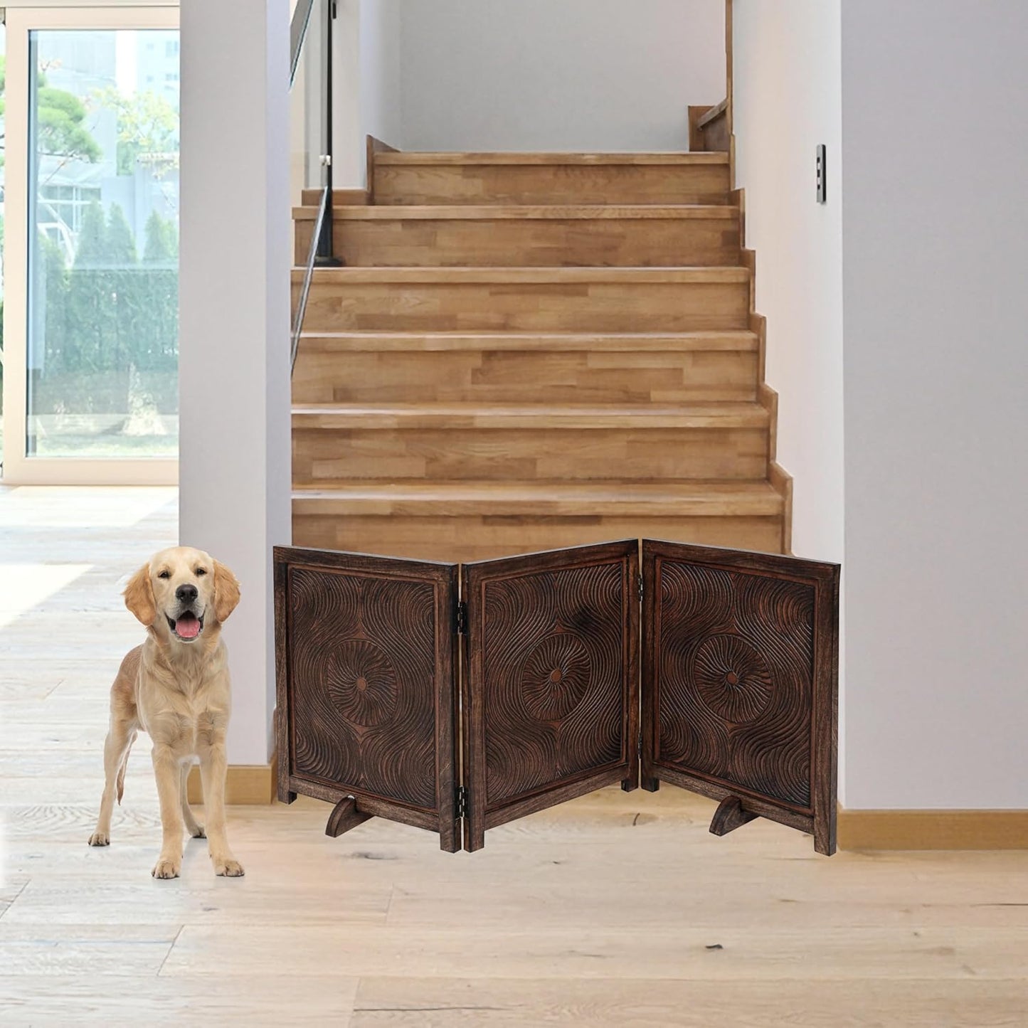 Freestanding Pet Gate for Dogs, Foldable Wooden Dog Gate for House, Indoor Dog Gate for Stair, Doorway, Carving Design Gates for Dogs Indoor, 54 Inch Wide, (18" x3 Panels =54 inch), Burnt Finish