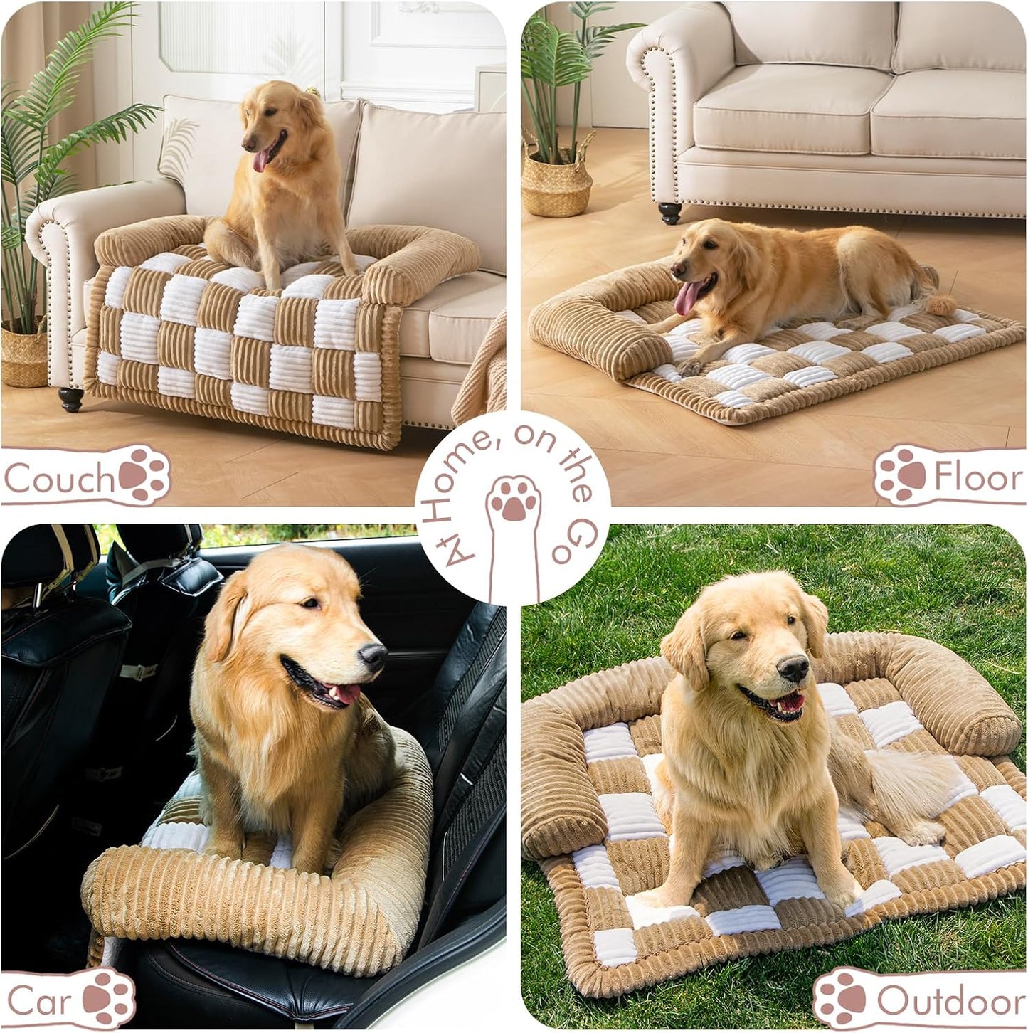 Dog Bed for Couch with Bolster, Comfy Couch Cover for Dogs Washable, Non-Slip Plush Furniture Protector, Calming Fuzzy Lounge Mat, Pet Sofa Accessories (Camel, Large)