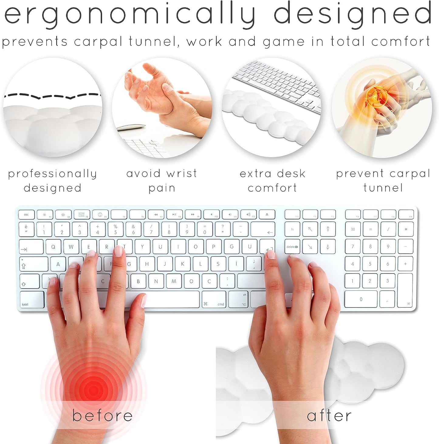 Qloud Cloud Wrist Rest Keyboard Wrist Rest for Computer Keyboard Pad, Cloud Keyboard Wrist Rest, Wrist Pad for Keyboard, Memory Foam, Non Slip Base, Comes with Mouse Pad - White