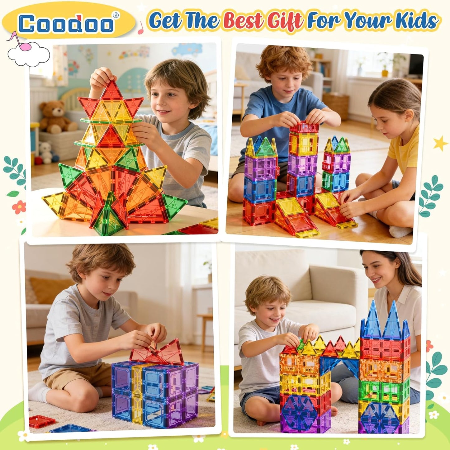 Coodoo 60 PCS Magnetic Building Tiles Kids Toys STEM Magnetic Blocks Sensory Toys Kids Games Magnet Building Toy for Boys and Girls Aged 3+, Kid Brain Development Preschool Kindergarten Toddler Toy