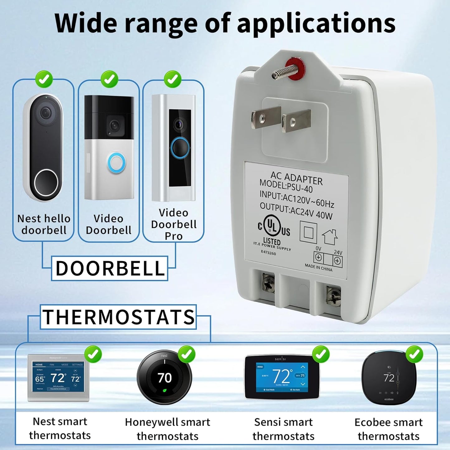 24V 40VA Plug-in AUTO-Resetting AC Transformers, Doorbell AC Power Supply Adapter with PTC Fuse - Ring Doorbell and Thermostat, Compatible with Nest, Sensi, Honeywell - (by CENTROPOWER)