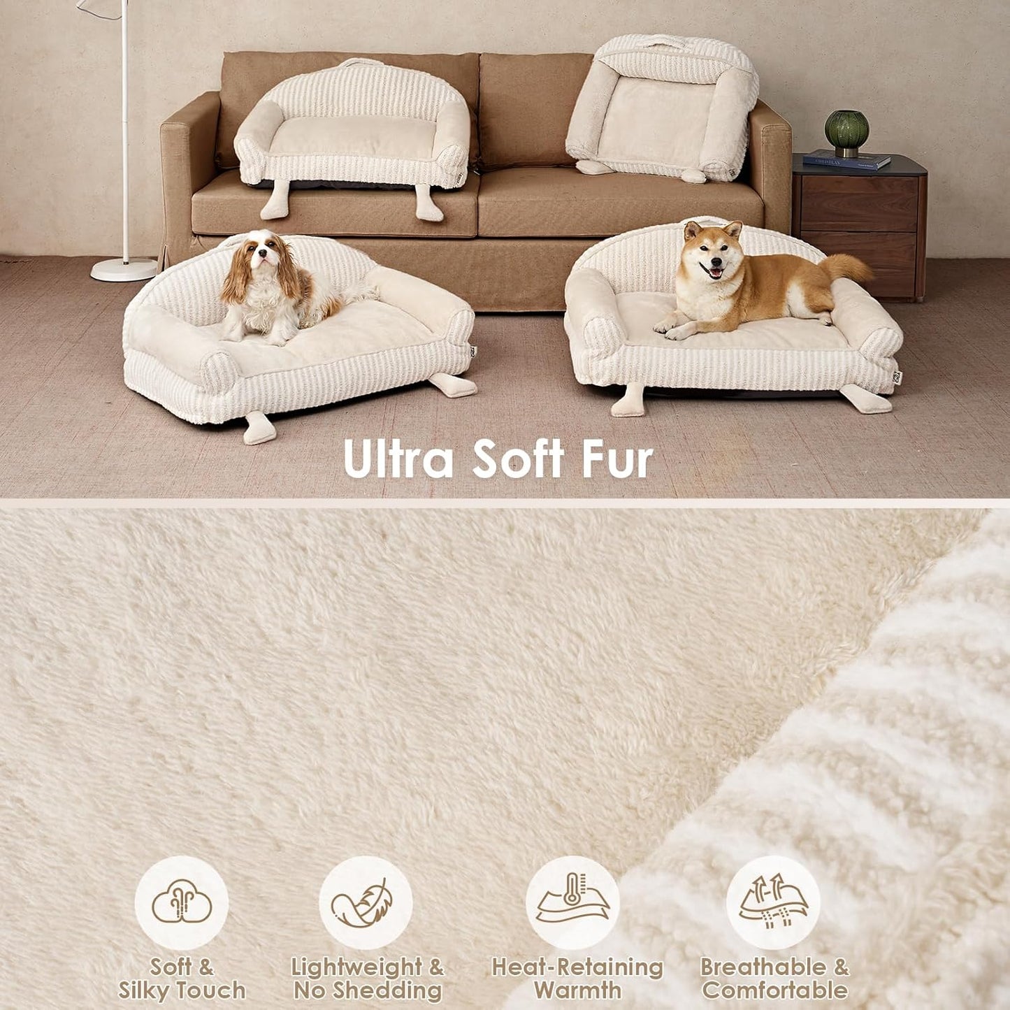 EHEYCIGA Washable Dog Beds for Large Dogs for Crate 35 Inch - Striped Cat Couch for Indoor Cats with Removable Cover, Shredded Memory Foam Waterproof Puppy Bed with Non - Slip Bottom, Cream