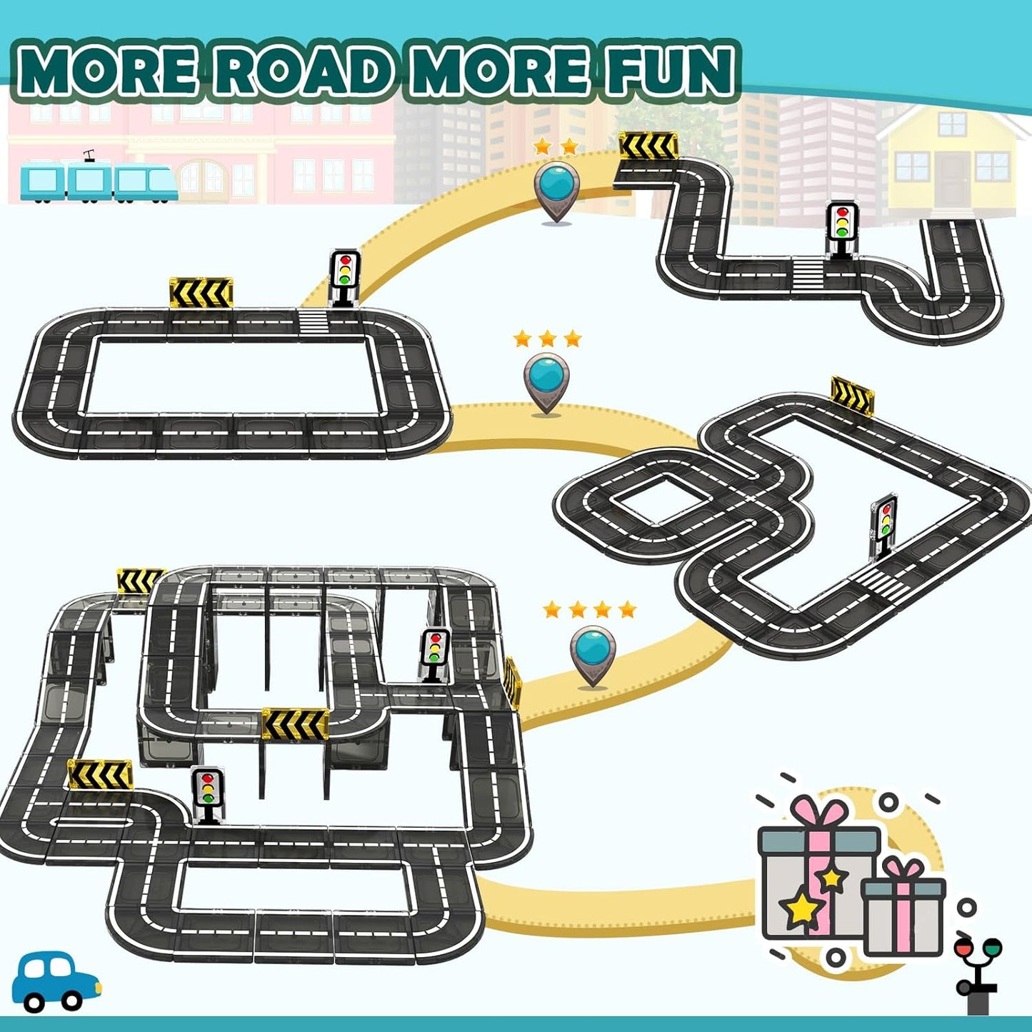 Magnetic Tiles Road Expansion Pack, STEM Magnet Building Blocks for Toddler Kids Toys, Montessori Educational Toys for 3+ Year Old Boys & Girls, Creative Toy Gifts for Kids