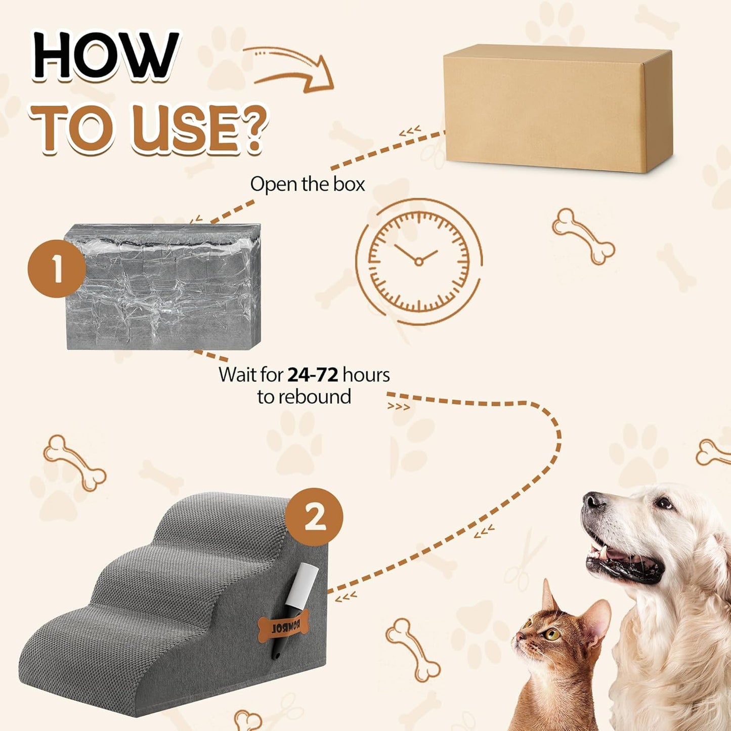 Romrol Dog Stairs Ramp for High Bed, 33D Pet Stairs Steps with Durable Non-Slip Waterproof Fabric Cover, Dog Slope Stairs to Bed for Small Dogs and Cats or Pets Joints, 3-Steps