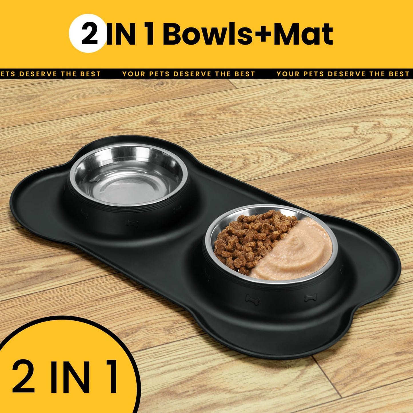 Dog Bowls with Non-Slip Silicone Mat, Spill Proof Large Food & Water Bowls Set, Easy Clean Dog Food Dish, Dishwasher Safe, Suitable for Dogs Cats Pet Under 90lbs, Large, Black