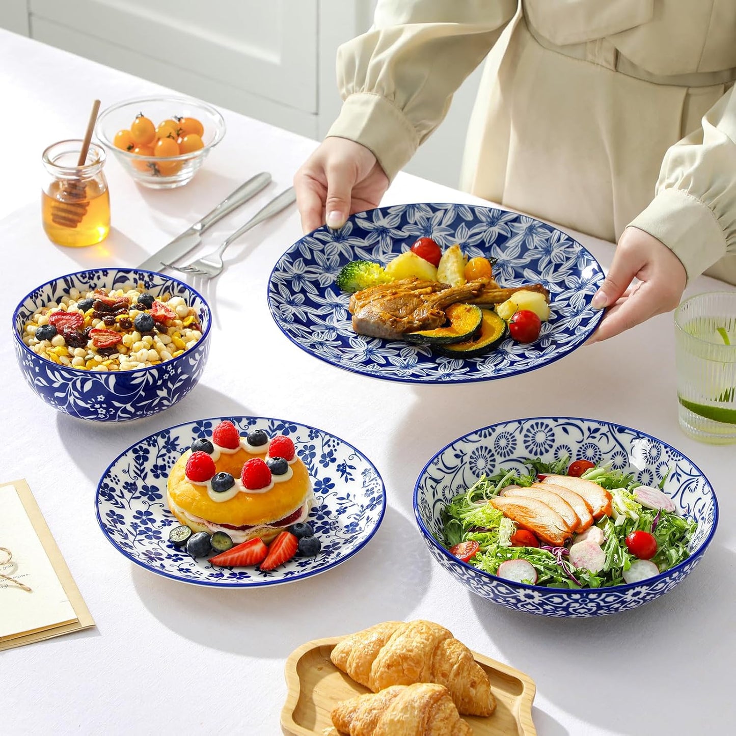 vancasso SELENE Plates and Bowls Set for 6, 24 Pieces Dinnerware Sets, Mircowave and Dishwasher Safe Dishes Set, Porcelain Blue Dinnerware