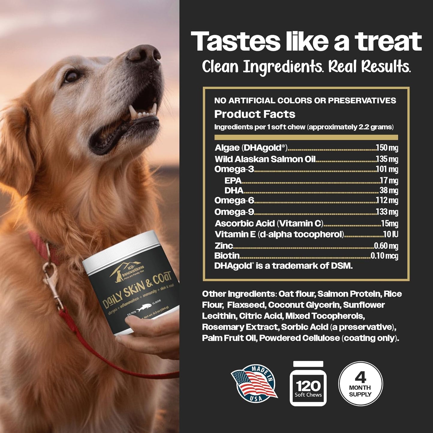 K9-Innovations - Daily Skin & Coat Dog Chews Salmon Flavor - Reduce Itching & Paw Chewing, Omega 3 & VIT C for Skin Health - 1-4 Month Supply (120qty)