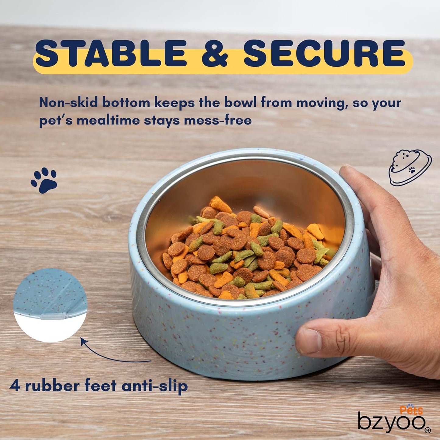bzyoo 16oz Tilted Dog Bowl for Small Dogs & Cats, 15° Elevated Stainless Steel Pet Feeder, Ergonomic Anti-Vomiting Food Bowl for Frenchie, Pug, Persian Cat, Non-Skid Melamine Stand, Sprinkle (Blue)