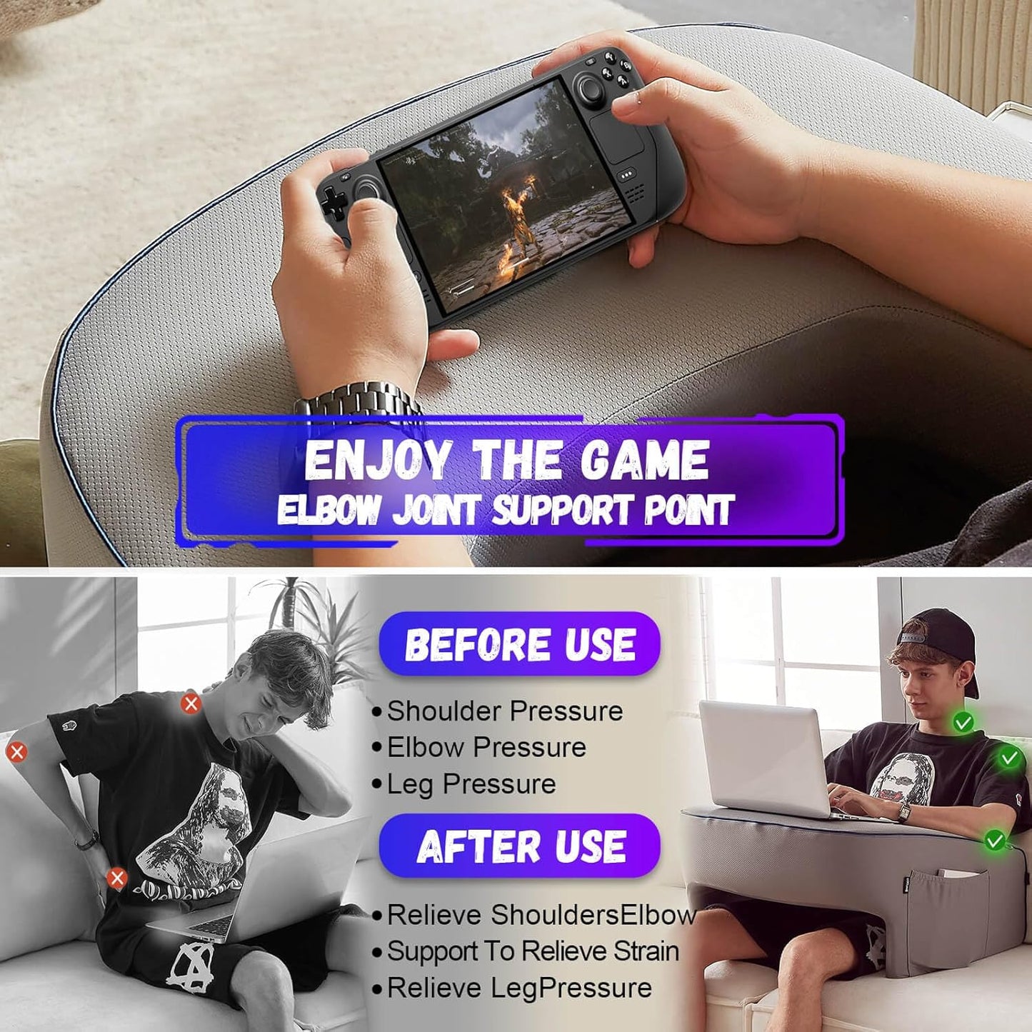 Reading Pillow with Armrests – Extra Large Memory Foam Gaming Pillow for Adult, Lap Desk for Laptop, Arm Rest for Working, Crocheting, Playing Game or Siting in Bed, Floor, Sofa, (Grey)