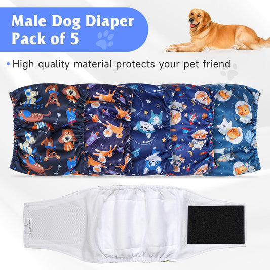 5 Pack Dog Diapers Male, High Absorbing Dog Wraps, Belly Bands for Male Dogs with Incontinence or Frequent Urination, Washable Doggie Diapers S, Space