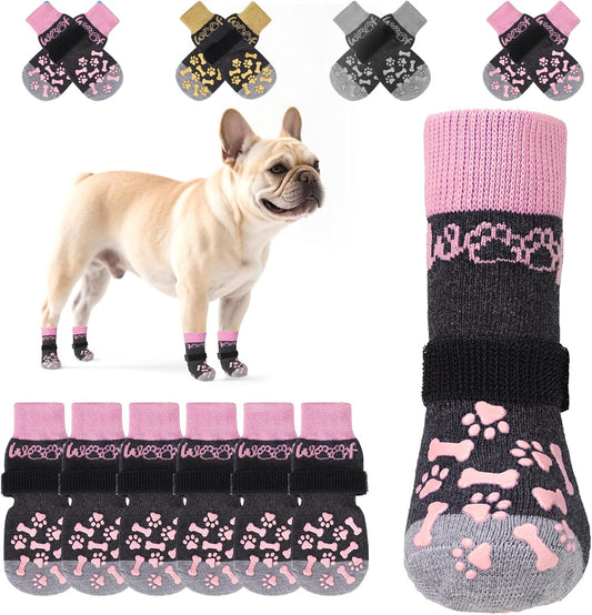KOOLTAIL Anti Slip Dog Socks to Prevent Licking and Slipping, Winter Warm Pet Shoes Booties for Hardwood Floors, Adjustable Extra-Thick Grip Dog Boots & Paw Protectors for Small Medium Large Senior,L