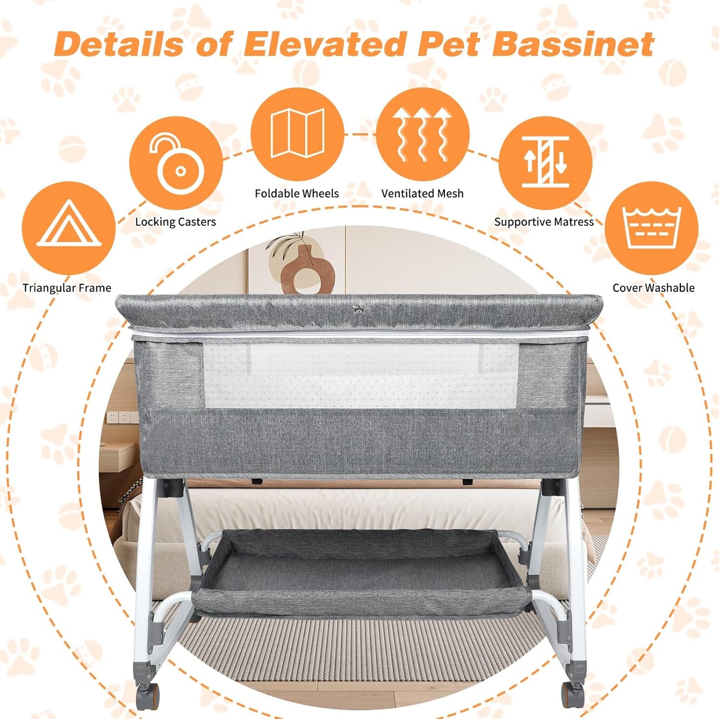 YUEPET Bedside Dog Bed Sleeper, 6-Level Adjustable Pet Bassinet with Lockable Wheels, Removable Washable Cover, Breathable Mesh & Large Storage Extension for Small Medium Dogs Cats (35'' × 21.7''