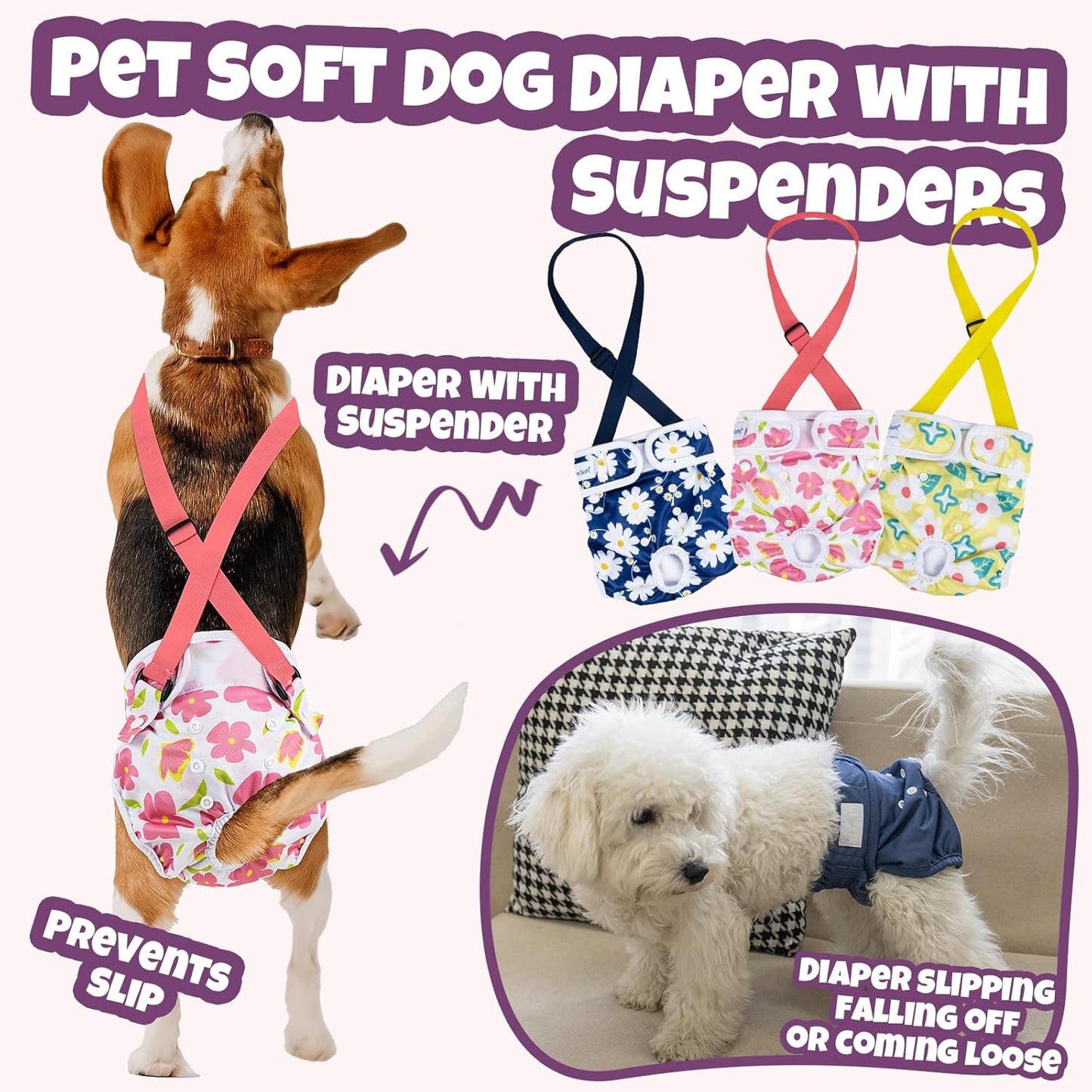Pet Soft Dog Diapers Female with Suspenders, 3 Pack Reusable Female Dog Diapers for Heat, Dog Period Panties for Doggie in Cycle(X-Small, Flowers)