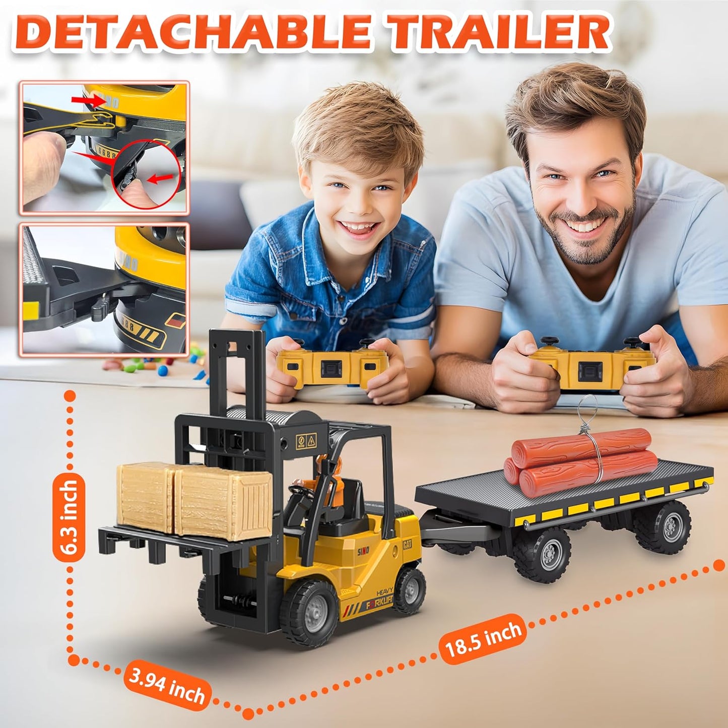 RC Forklift Toy with Trailer, 3 in 1 Remote Control forklift with Transform Lift Fork & Hook, 11 Channel RC Construction Toys with 2 Battery,Spray,Light, RC Forklift for Adults Kids Boys Gift
