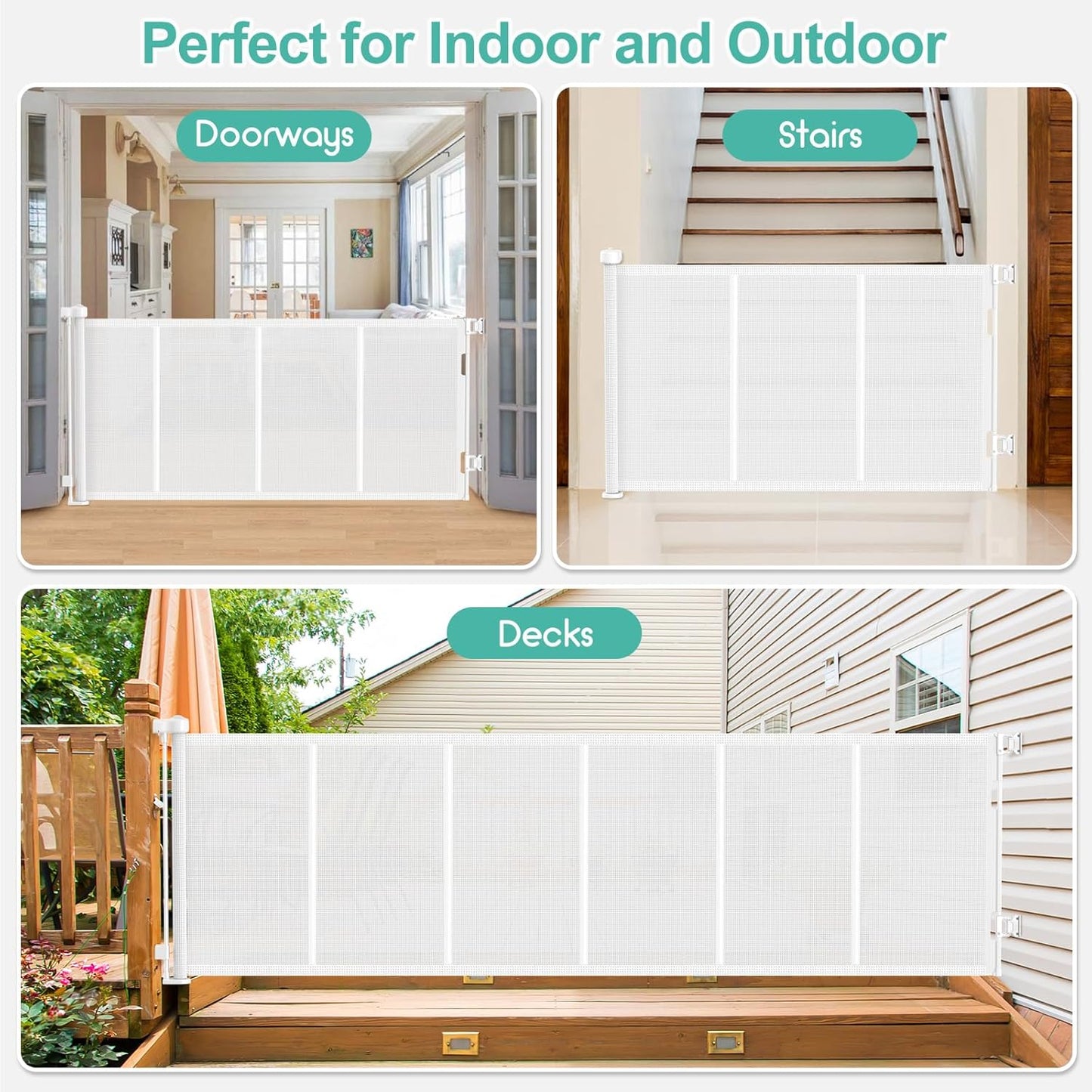 Upgrade 120 inch Retractable Baby Gates, EZIGO Extra Wide Baby Gate for Large Opening Extra Long Mesh Gate for Kids or Pet Dog Gate Child Safety Gate for Stairs Hallways Doorway Indoor Outdoor, White
