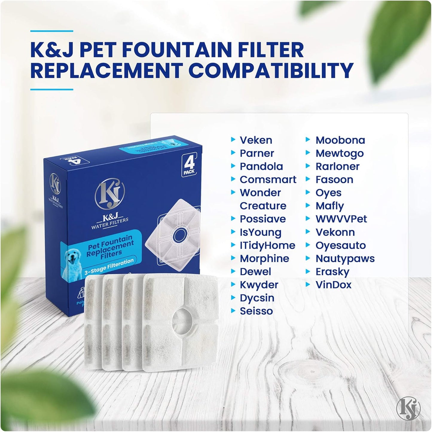 K&J 4 Pack Cat and Dog Pet Water Fountain Filter Replacements, Activated Charcoal, 84oz/2.5L, Universal Replacement for Veken, Parner, Pandola and More (4 Pack)