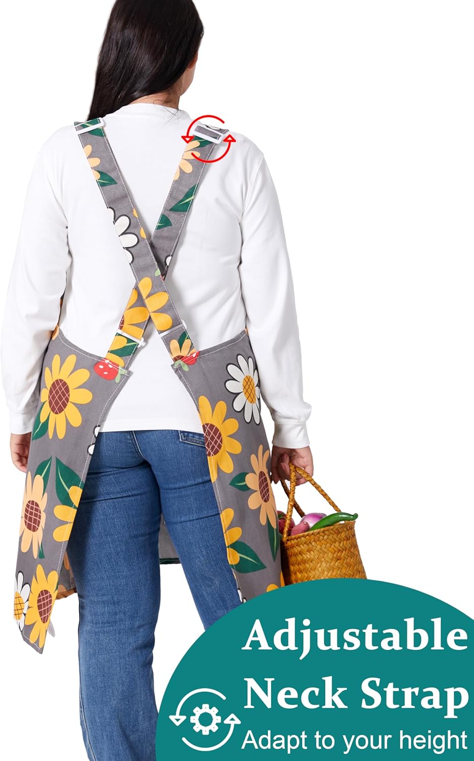 VIKIDEER Comfortable Huge Plus Size Aprons for Women Adjustable Cross Back Floral Cotton Linen Aprons
