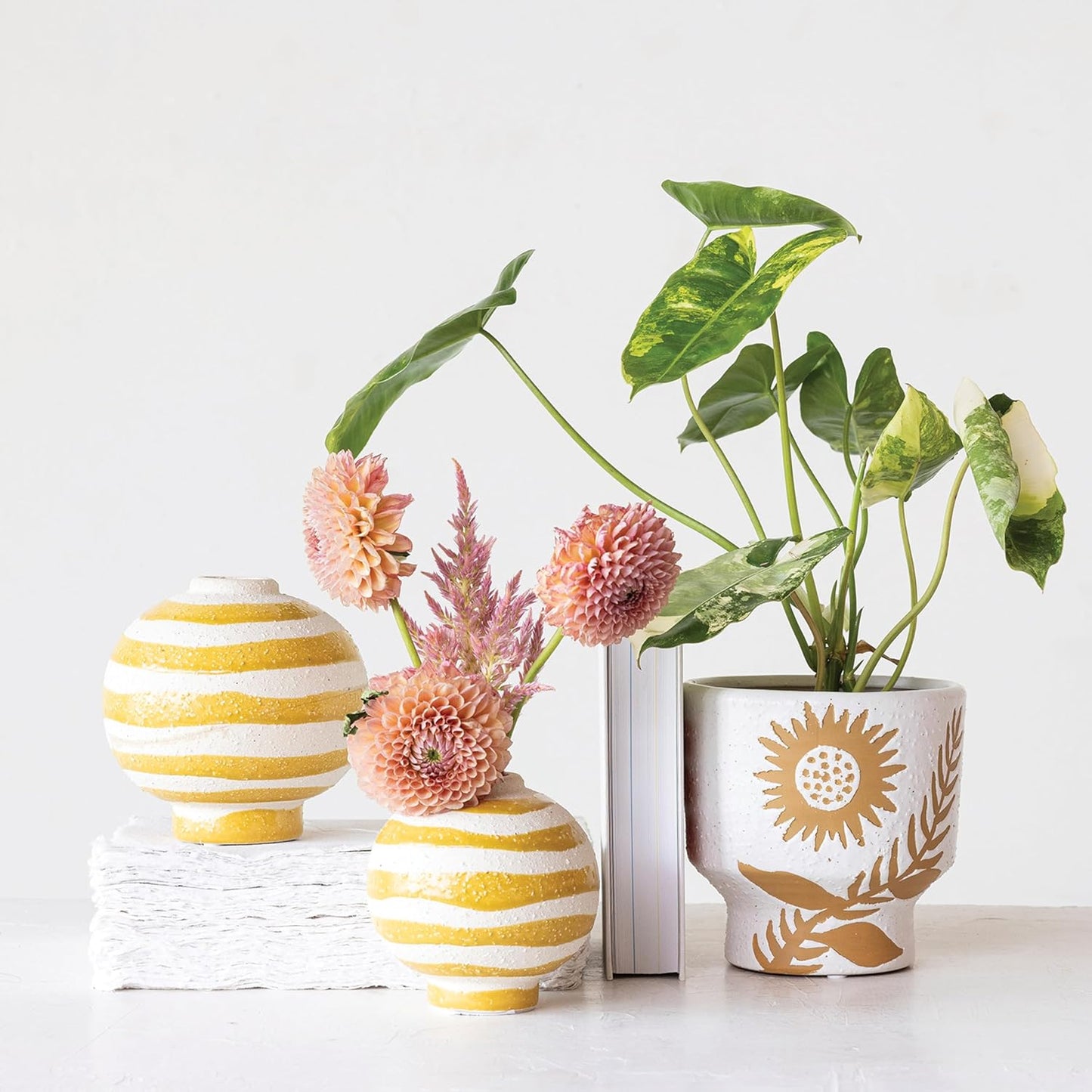 Creative Co-Op Stoneware Footed Planter with Flower, Reactive Glaze, White and Mustard