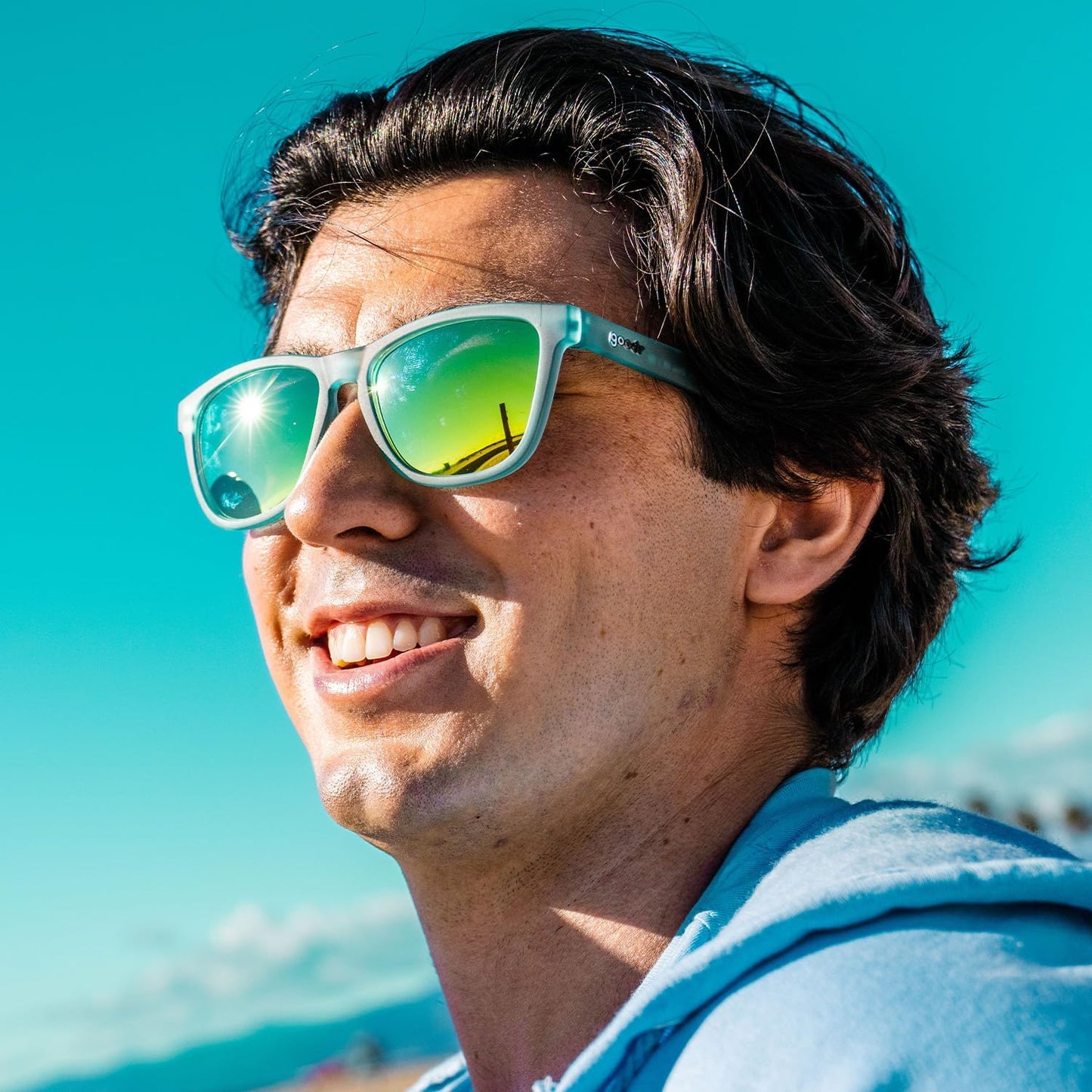 goodr Sunbathing with Wizards Polarized Sunglasses, Medium Sized (OG), Light Blue Translucent Frames with Gold Mirrored Reflective Lenses, UV400 Protection, No Slip, No Bounce