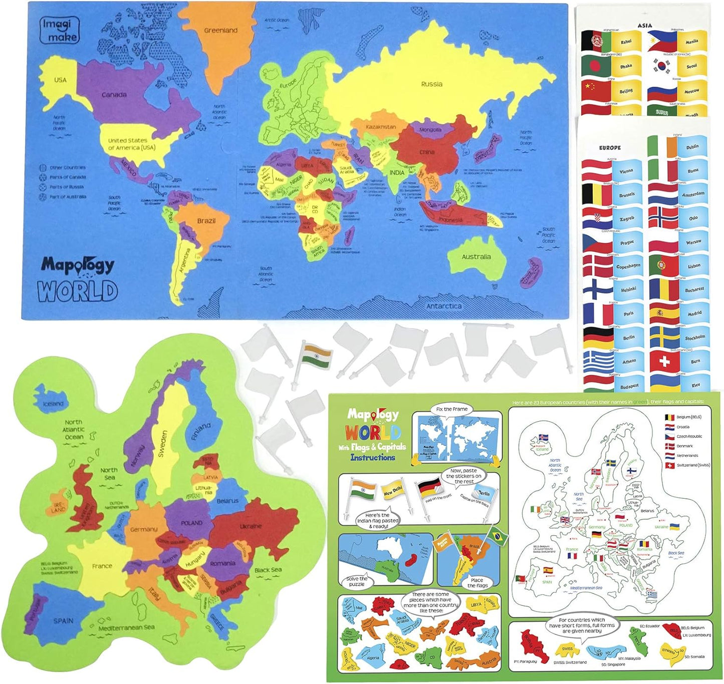 Imagimake Mapology USA & World Map Puzzle with Flags, Capitals, Stickers | Educational Toys for Ages 5-7 | Jigsaw Puzzles for Kids Ages 8-10 | Geography Toys | Easter Gifts for 6 Year Old Girl & Boy