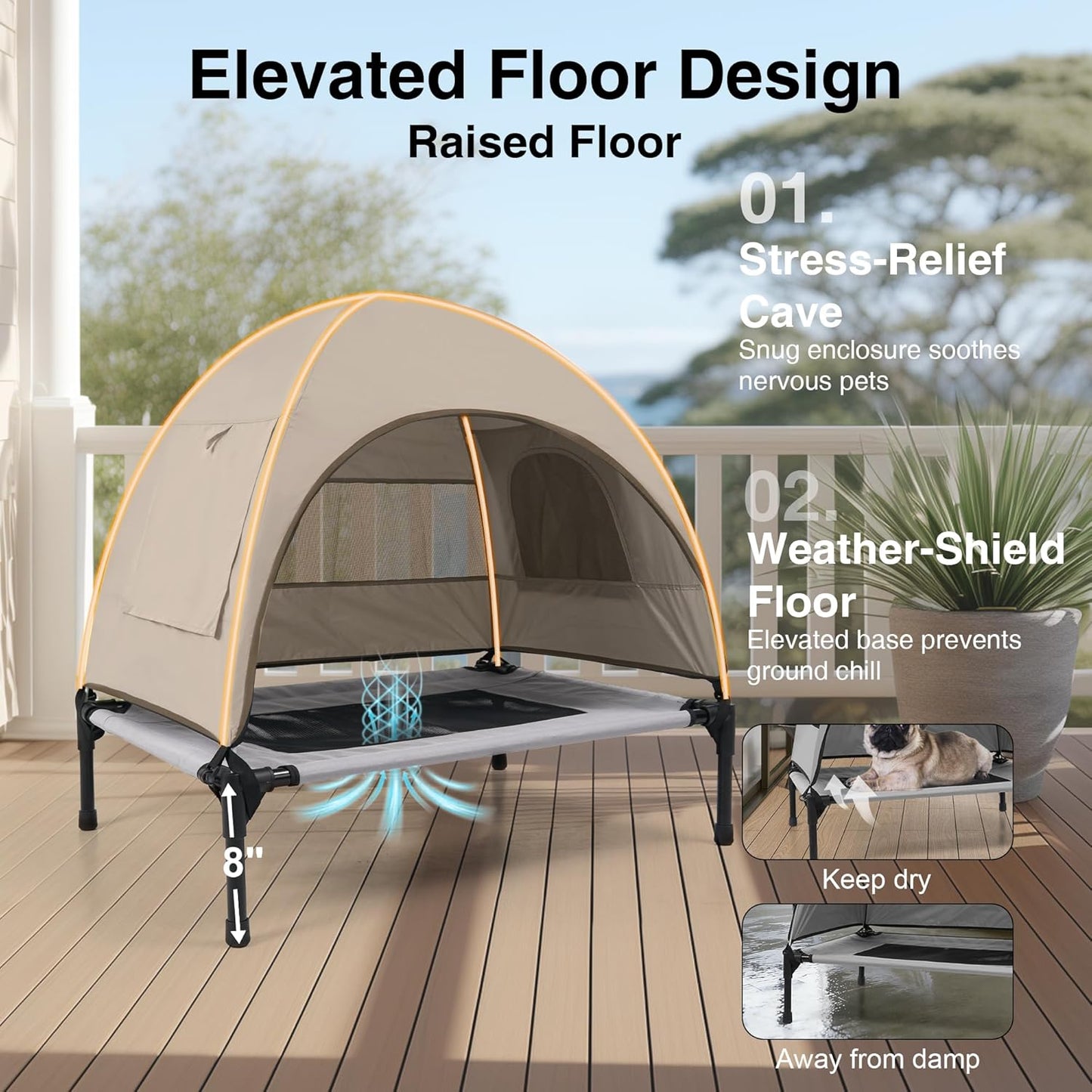Elevated Outdoor Dog Bed with Canopy – Cooling Camping Tent, Removable Shade, Off-Ground Cot, Small