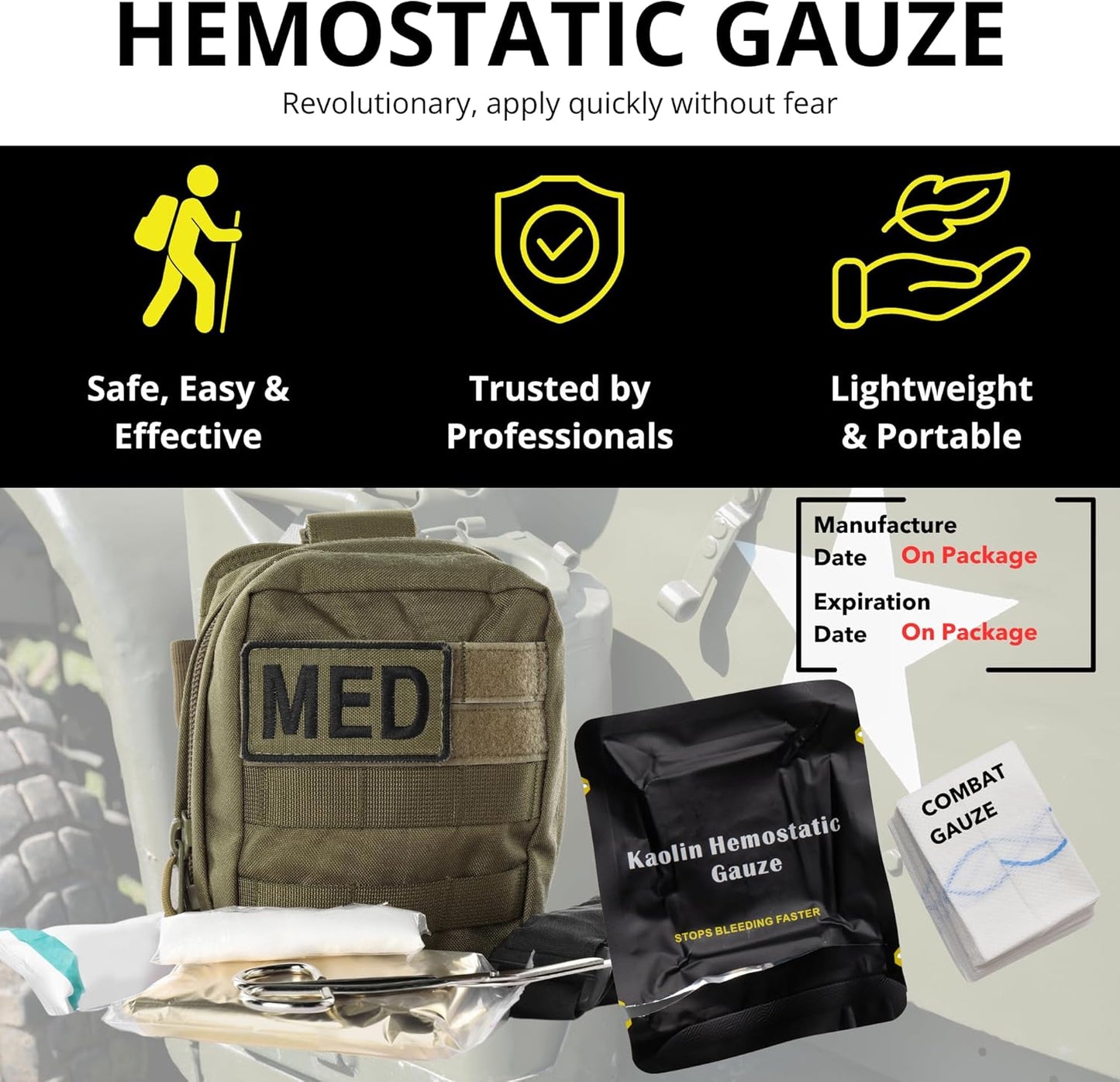 First Aid Advanced Quick Clot Combat Gauze - Flexible Hemostatic Gauze - to Stop The Bleed kit Faster Wound Packing withQuick Clotting Medical Gauze - Survival Kit Supplies - 3" x 12.5' (CT-GAUZE2)