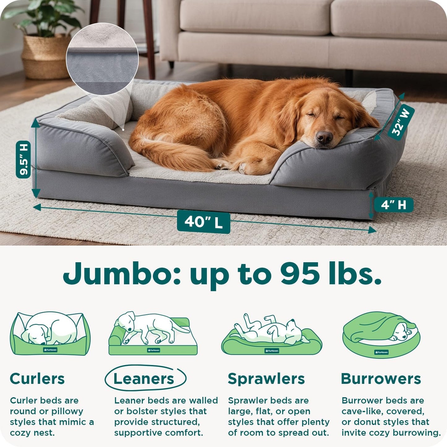 FurHaven Perfect Comfort Sofa Orthopedic Dog Bed for Large Dogs, Memory-Top Foam with a Solid Orthopedic Foam Base for Joint Support, Removable Washable Cover, Jumbo XL, Plush & Velvet, Granite Gray