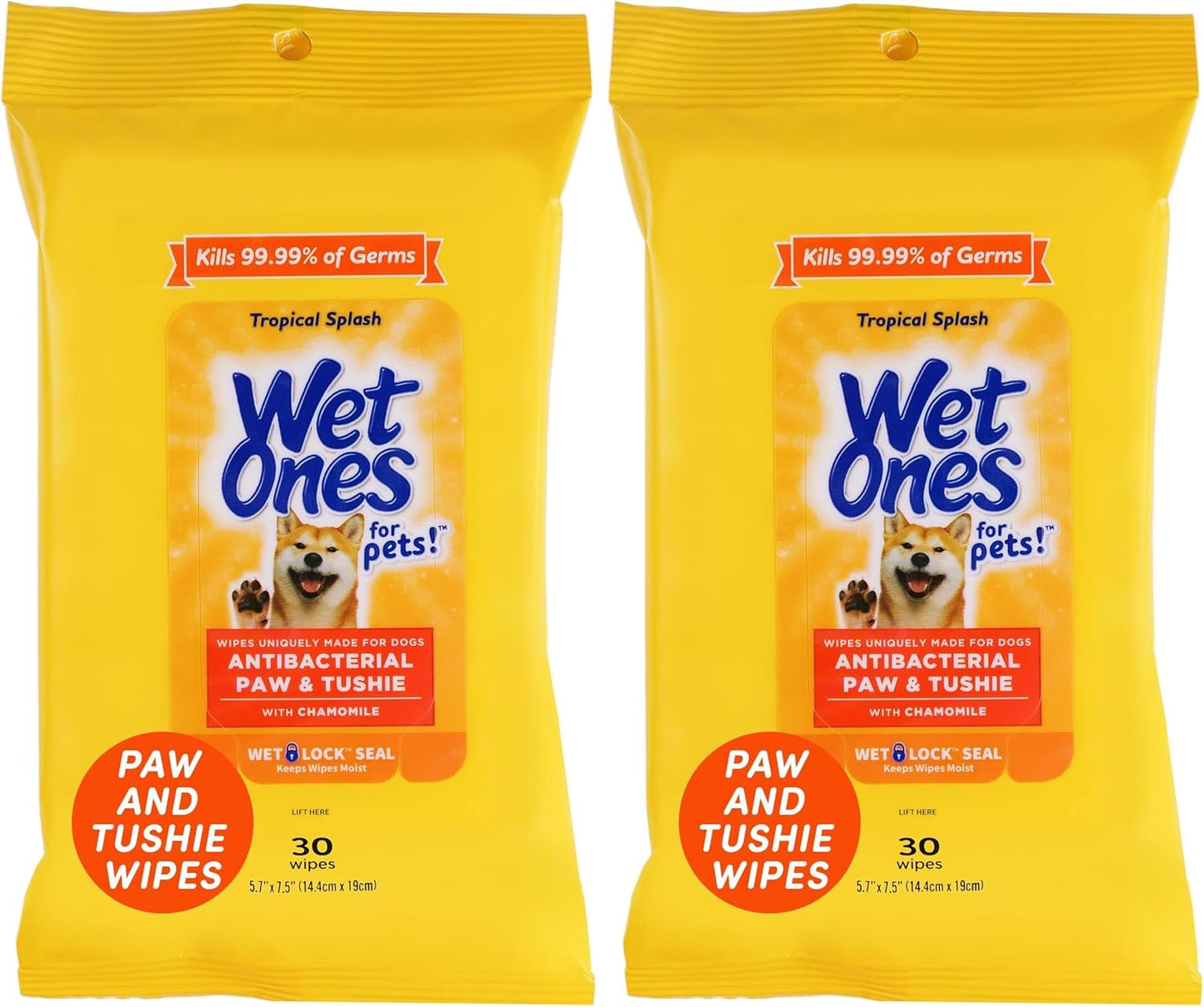 Wet Ones Dog Wipes, Pack of 2, 30 Count Total | Paw & Tushie | Tropical Splash Scent | Wet Lock Seal Pouch | With Chamomile