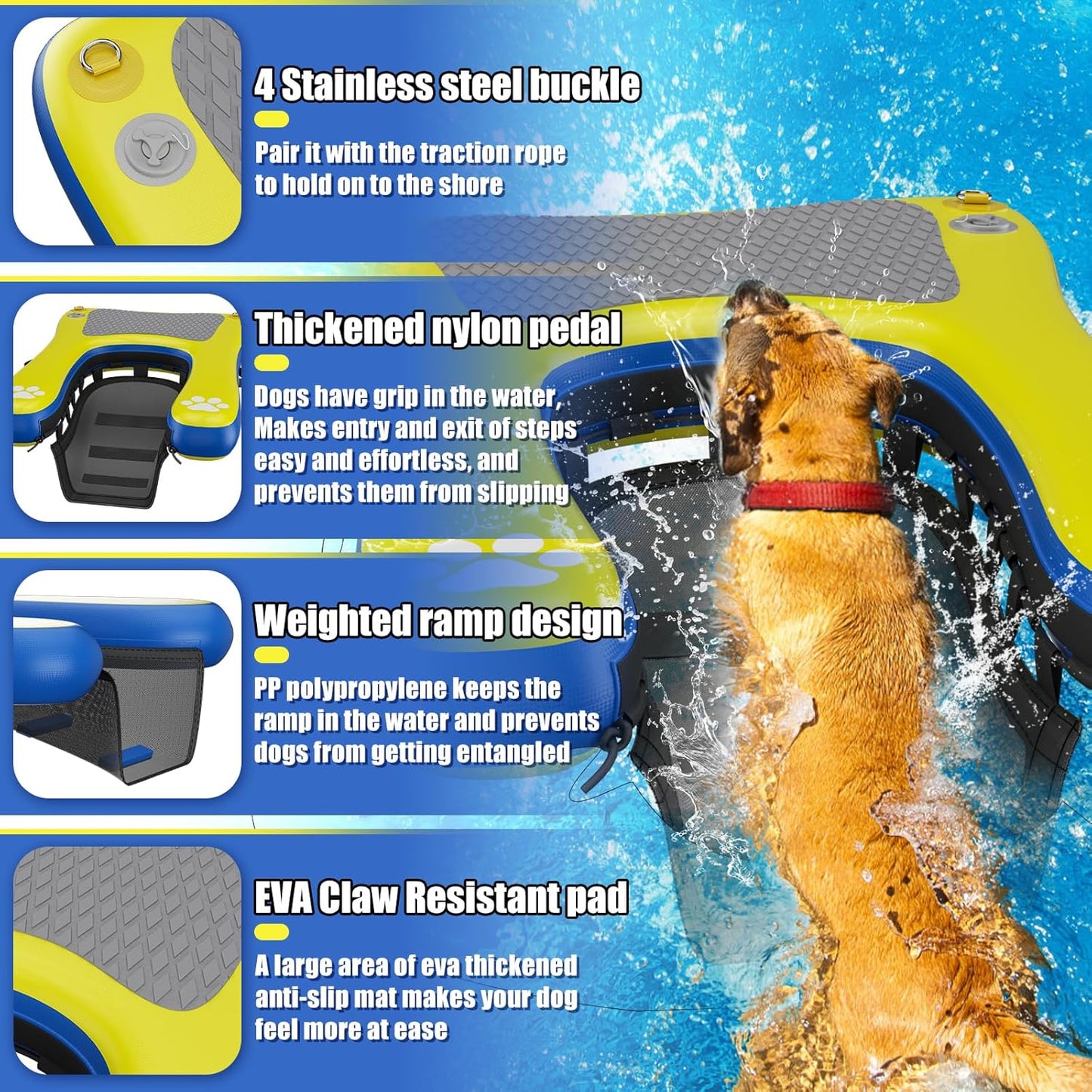 Inflatable Dog Pool Float Dock Platform for Dogs, Dog Pool Ramp Ladder with Non Slip Steps | Dog Floats Water Ramp for Boat, Inground Pool (for Small Dogs Up to 60 lbs)