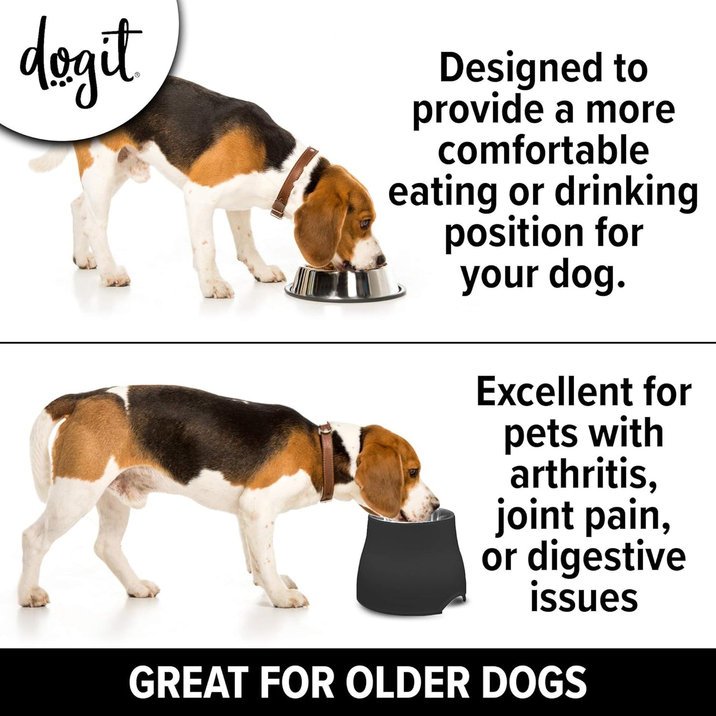 Dogit Elevated Dog Bowl, Stainless Steel Dog Food and Water Bowl for Large Dogs, Black, 73752