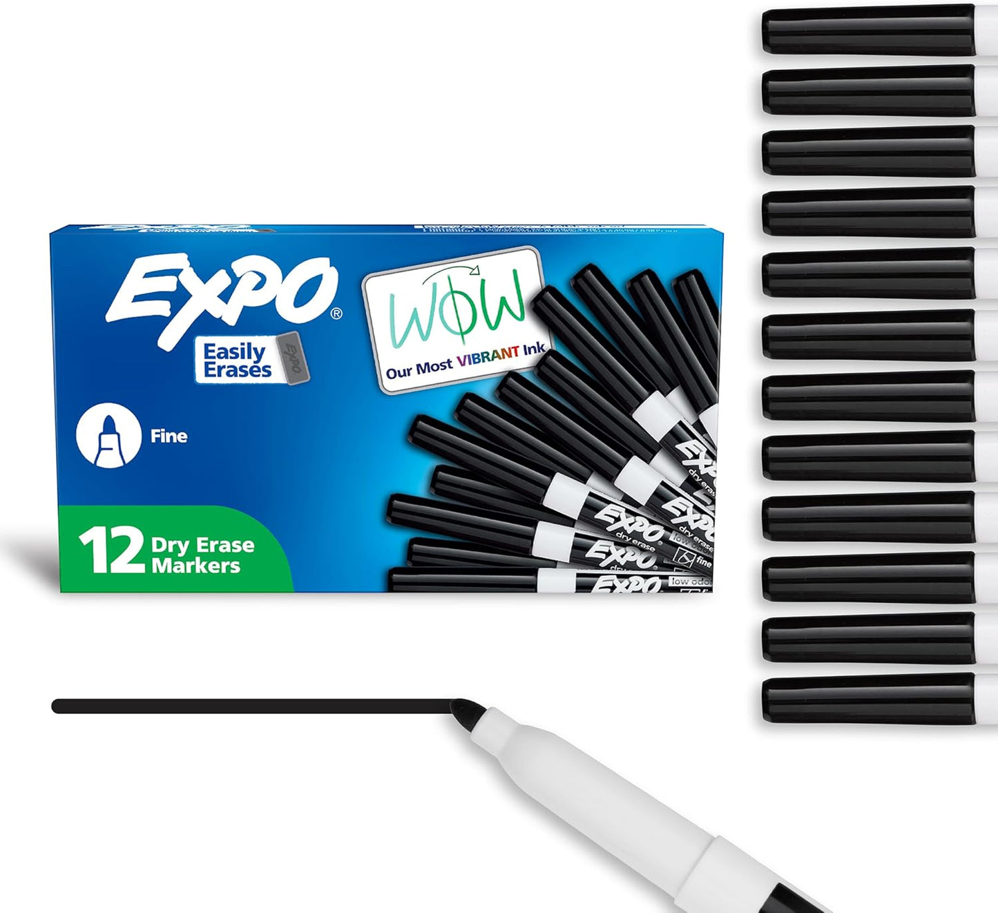 EXPO Dry Erase Markers, Low Odor Ink, Black, Fine Tip, 12 Count - Whiteboard, Calendar, Organization, Essential Supplies for Office, School, Classroom, Teachers