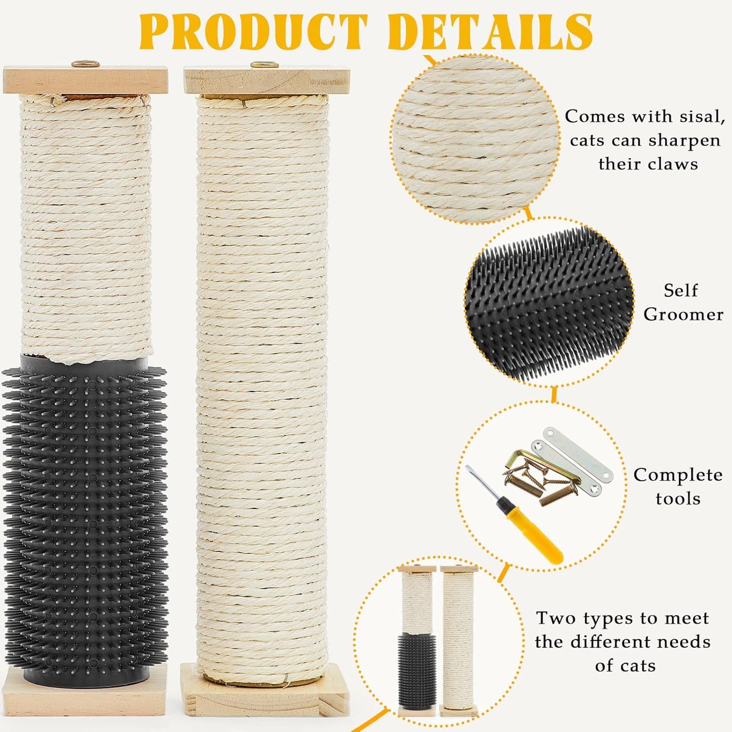 Aliceset 3 Pack Cat Scratching Post for Crate Cage 13 Inch Wooden Sisal Cage Mounted Scratching Post with Self Groomer and Massager for Grinding Claws and Climbing