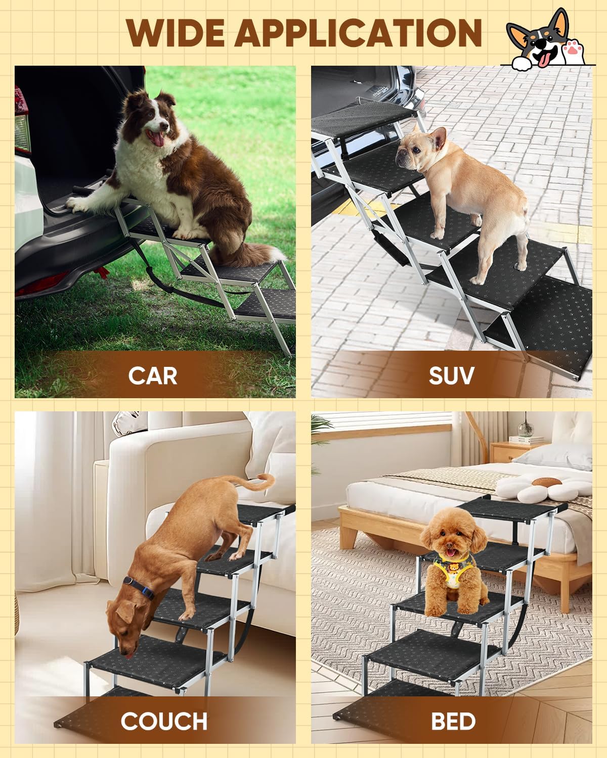 Saker Foldable Dog Ramp for Cars, SUVs, Trucks, Portable Pet Dog Stairs with Non-Slip Surface & Reinforced Design, Lightweight Yet Sturdy Supports Up to 200lbs (Extra Wide-5 Pet Steps)