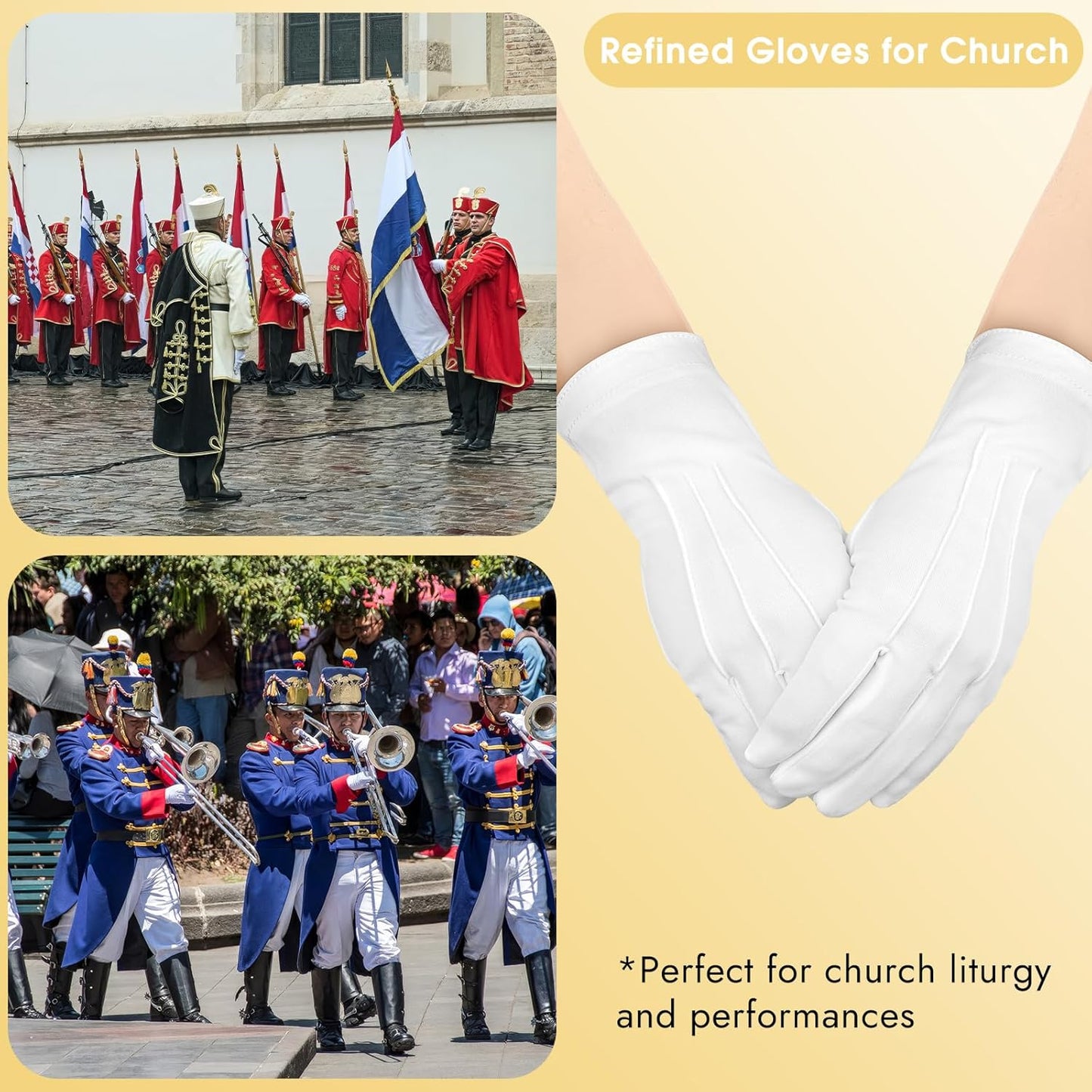 BEVTEE 2 Pairs White Gloves Men, Marching Band Gloves with Snap Cuff, for Art The Clown Magician Costume Halloween