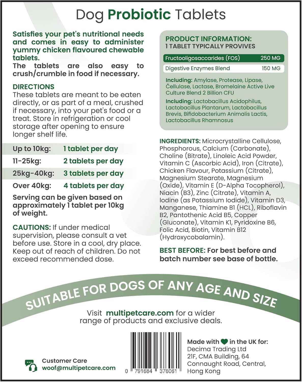 Dog Probiotics | 5-Strain 2 Billion CFU + Digestive Enzymes | Firm Stools, Less Gas & Bloating | Prebiotic Inulin + Full B-Complex Vitamins | Chicken Flavour Tablets | UK GMP | 120 Count