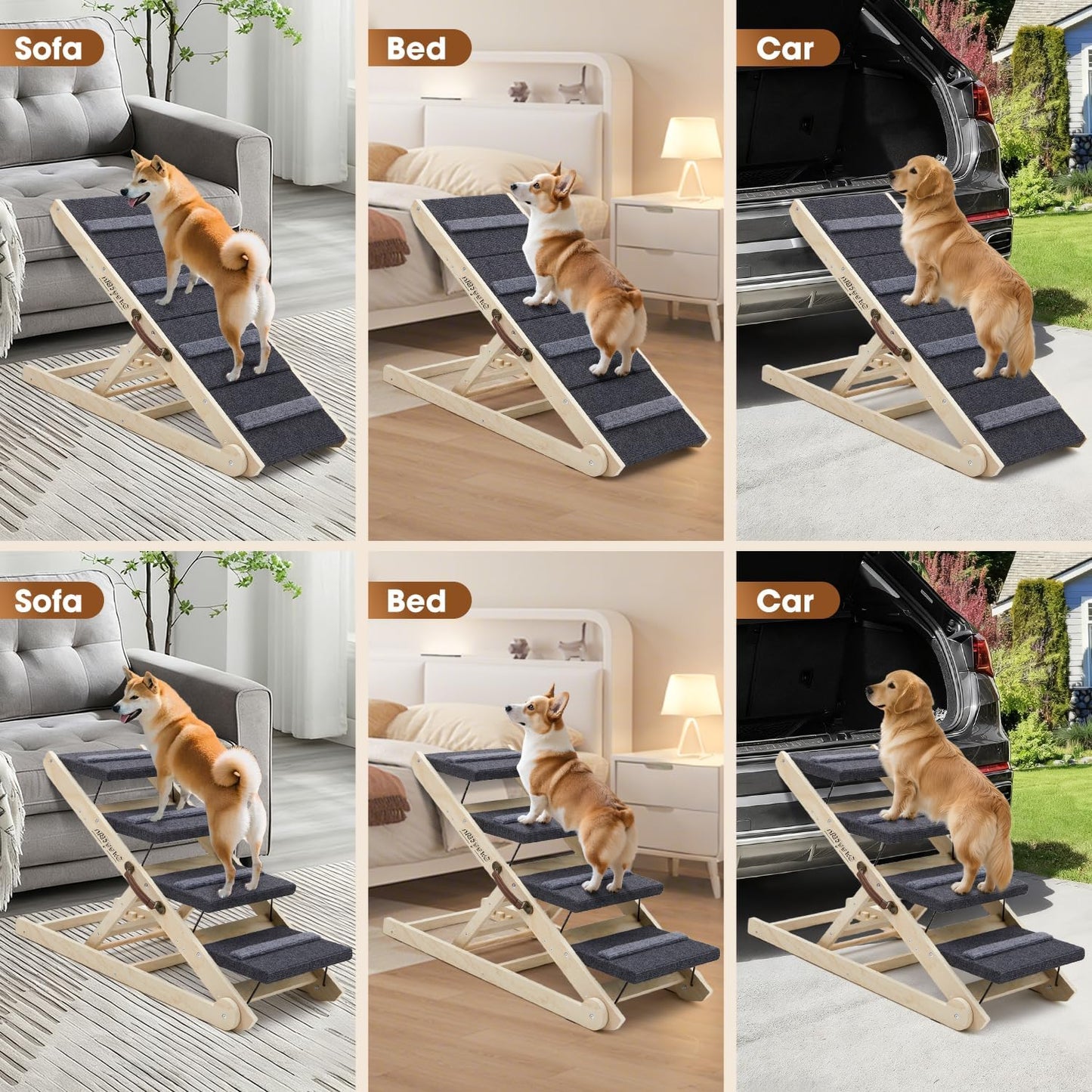 Dog Steps for Bed & Couch - 2-in-1 Dog Stairs/Ramp for Small to Large Breeds - 6 Adjustable Height from 12" to 24" - Folding Portable Wooden Ramp for Dogs to Get on Bed Couch Car Up to 200LBS