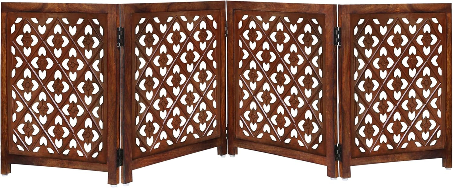 Wooden Foldable Pet Dog Safety Gate - 4 Panels Lattice 20 W x 24 H - Hand Carved Solid Wood & MDF - Free Standing Portable Indoor Doorway Hall Stairs Puppy Fence - Assembled - Antique Brown - IRONGATE