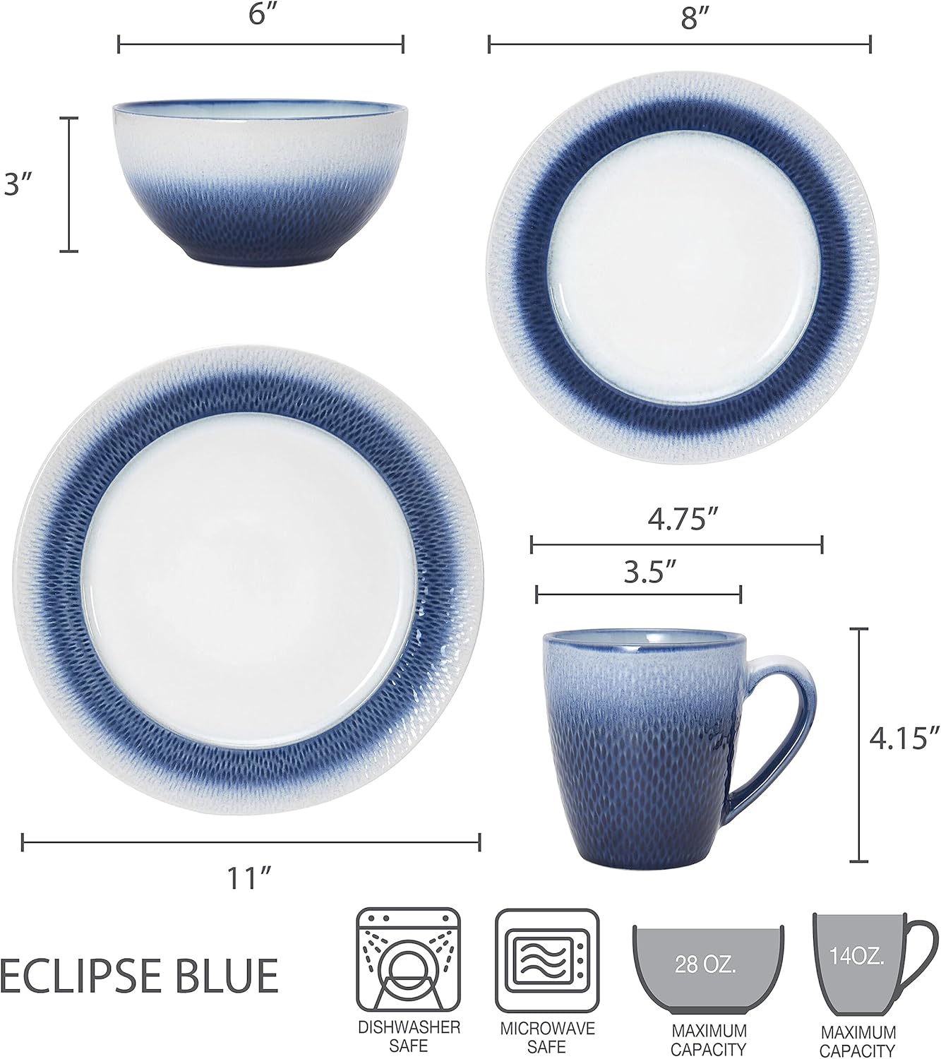 Pfaltzgraff Eclipse Blue 16-Piece Stoneware Dinnerware Set, Service for 4 with Dinner Plates, Salad Plates, Bowls and Mugs, Dishwasher and Microwave Safe