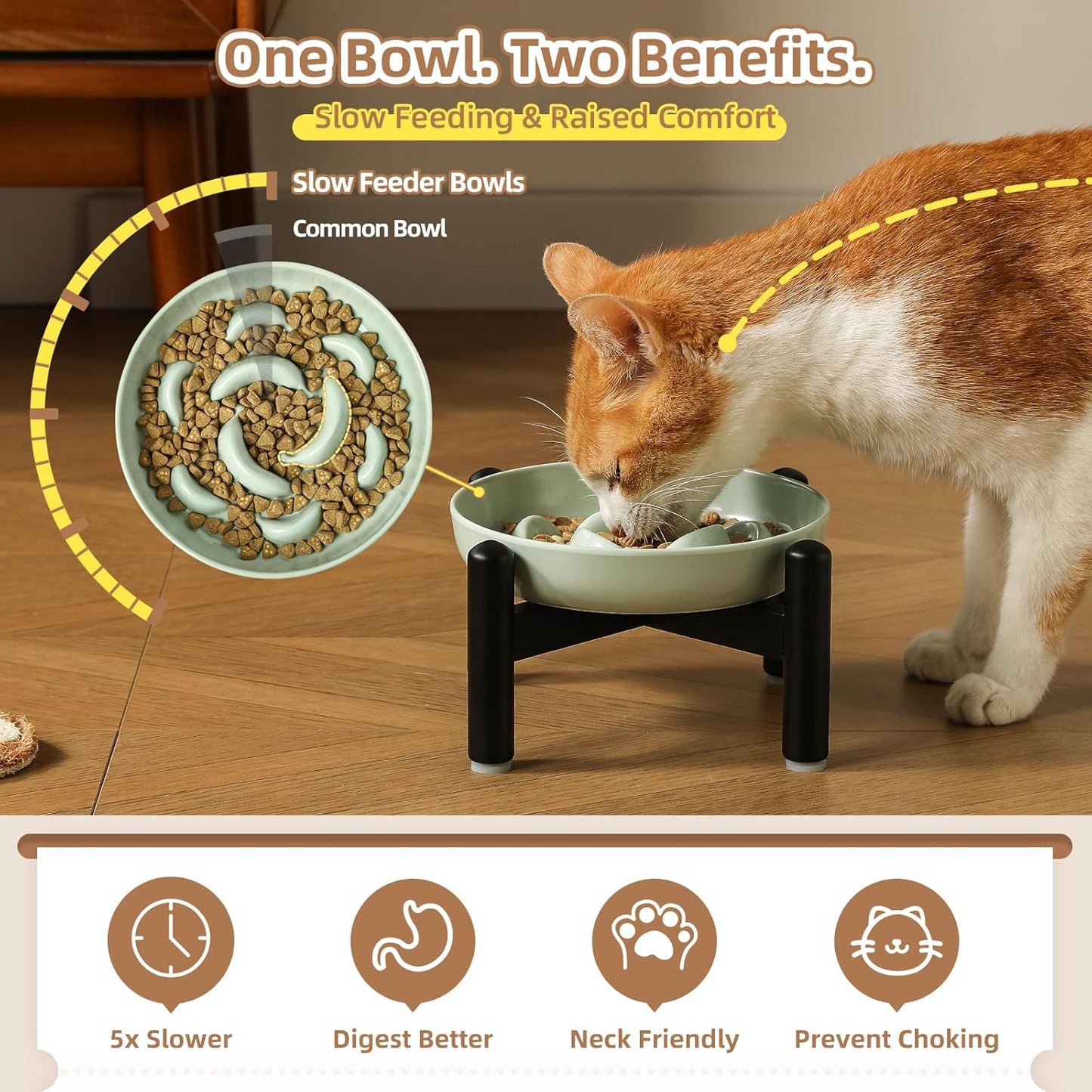 Elevated Slow Feeder Cat Bowl - Melamine Cat Food Plate with Anti-Slip Metal Stand - Raised Maze Dish for Slow Eating - Pale Blue