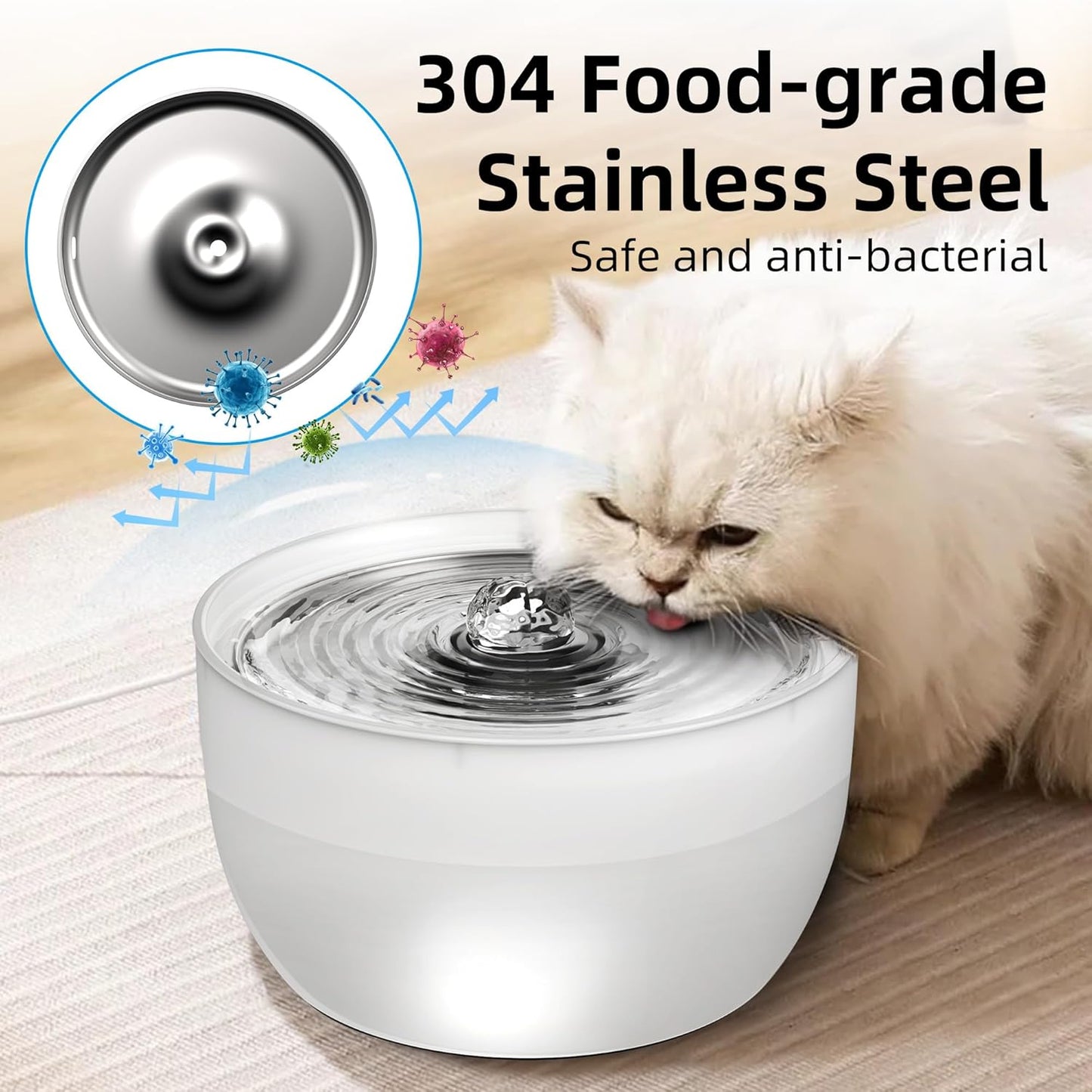 Casfuy W8 Stainless Steel Dog & Cat Water Fountain with LED Light, White, 102-fl oz