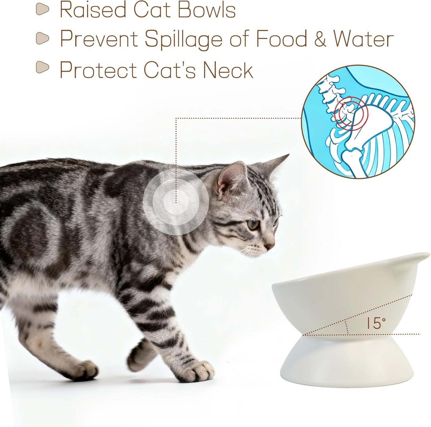 YOBRO Ceramic Elevated Tilted Cat Bowl with Scale Marks, Cute Cat Ear Pet Food or Water Bowl, Anti-Vomiting Spine Protection, Durable Feeding Dish for Kittens & Small Dogs, 21oz