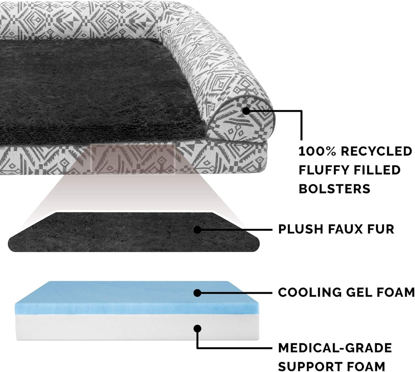 Furhaven Cooling Gel Dog Bed for Large Dogs w/ Removable Bolsters & Washable Cover, For Dogs Up to 125 lbs - Plush & Southwest Kilim Woven Decor Sofa - Boulder Gray, Jumbo Plus/XXL