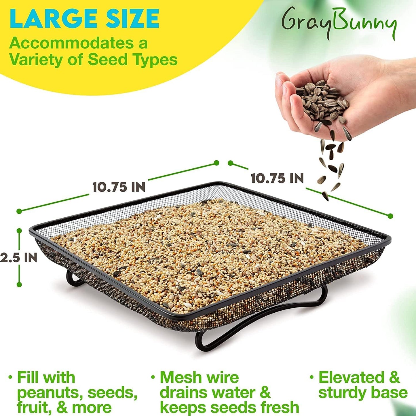 Gray Bunny Ground Bird Feeder Tray - Metal Platform Mesh Seed Tray for Standing Bird Feeders - Great Attracting Garden Yard Decoration for Wild Birds Squirrels Dove Cardinal Blue Jay Crows (11x11in)