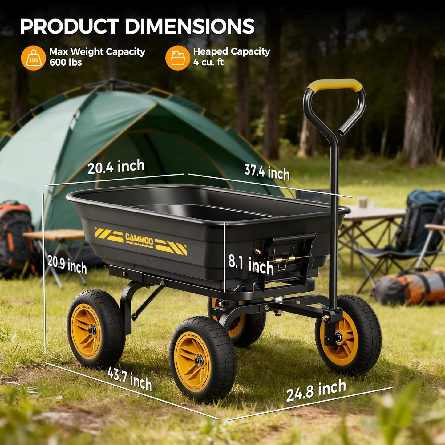10-in NO-FLAT TIRES 600lb Heavy-Duty Garden Dump Cart 4 Cu.Ft. Utility Wagon with Quick-Release Dumping & Prime Grade 100% Virgin Polypropylene - Not Recycled Material for Landscaping Gardening