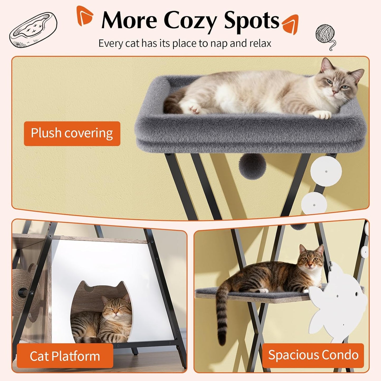 HavenlyYouth Modern Cat Tree for Indoor Cats, Tall Cat Tower with Condo, Multi-Level Cat Tree with Cave, Scratching Board,Removable Pads for Cats, X Style, Light Gray