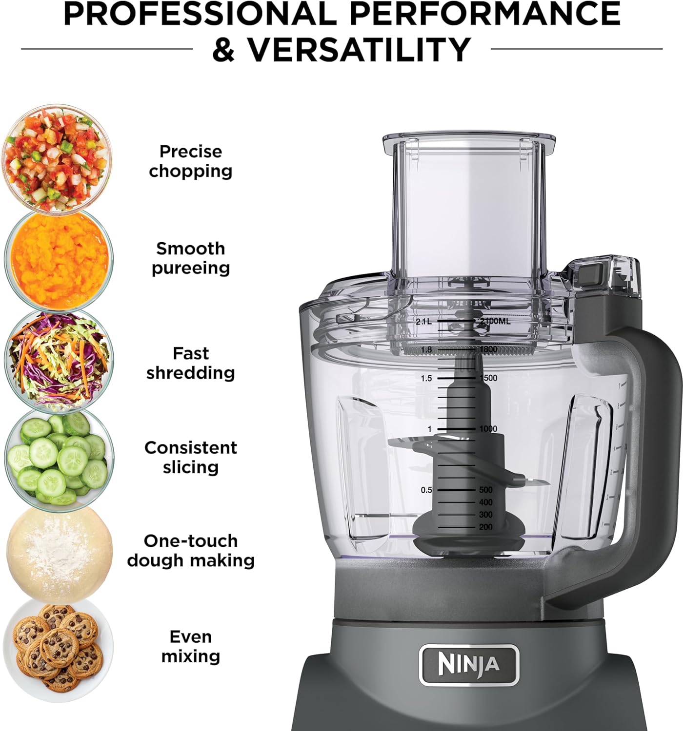 Ninja Food Processor, Professional Plus, 1000 Peak Watts, 4 Functions for Chopping, Slicing, Purees & Dough with 9-Cup Processor Bowl, 3 Blades, Food Chute & Pusher, Silver, BN601
