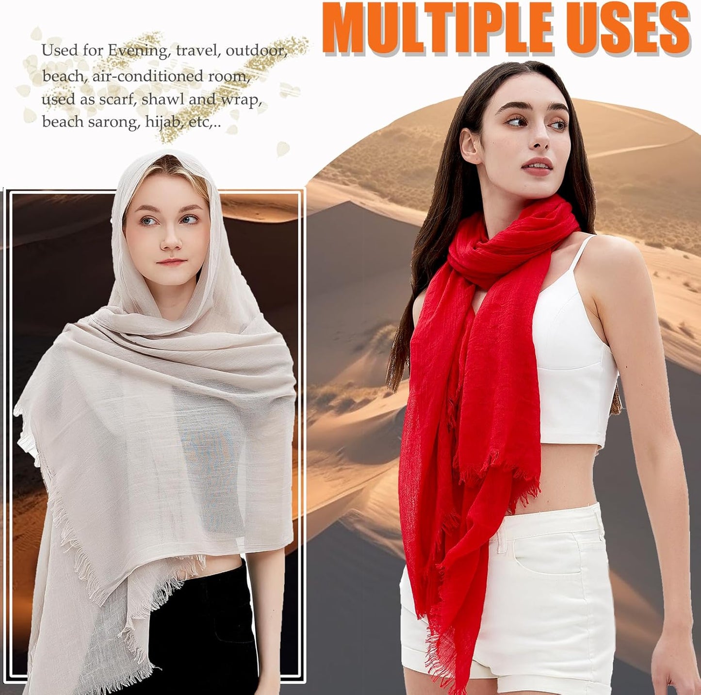 Gragengs Women Summer Scarfs Lightweight Large Long Gauze Shawl Linen Beach Wrap Plain 75”×43”