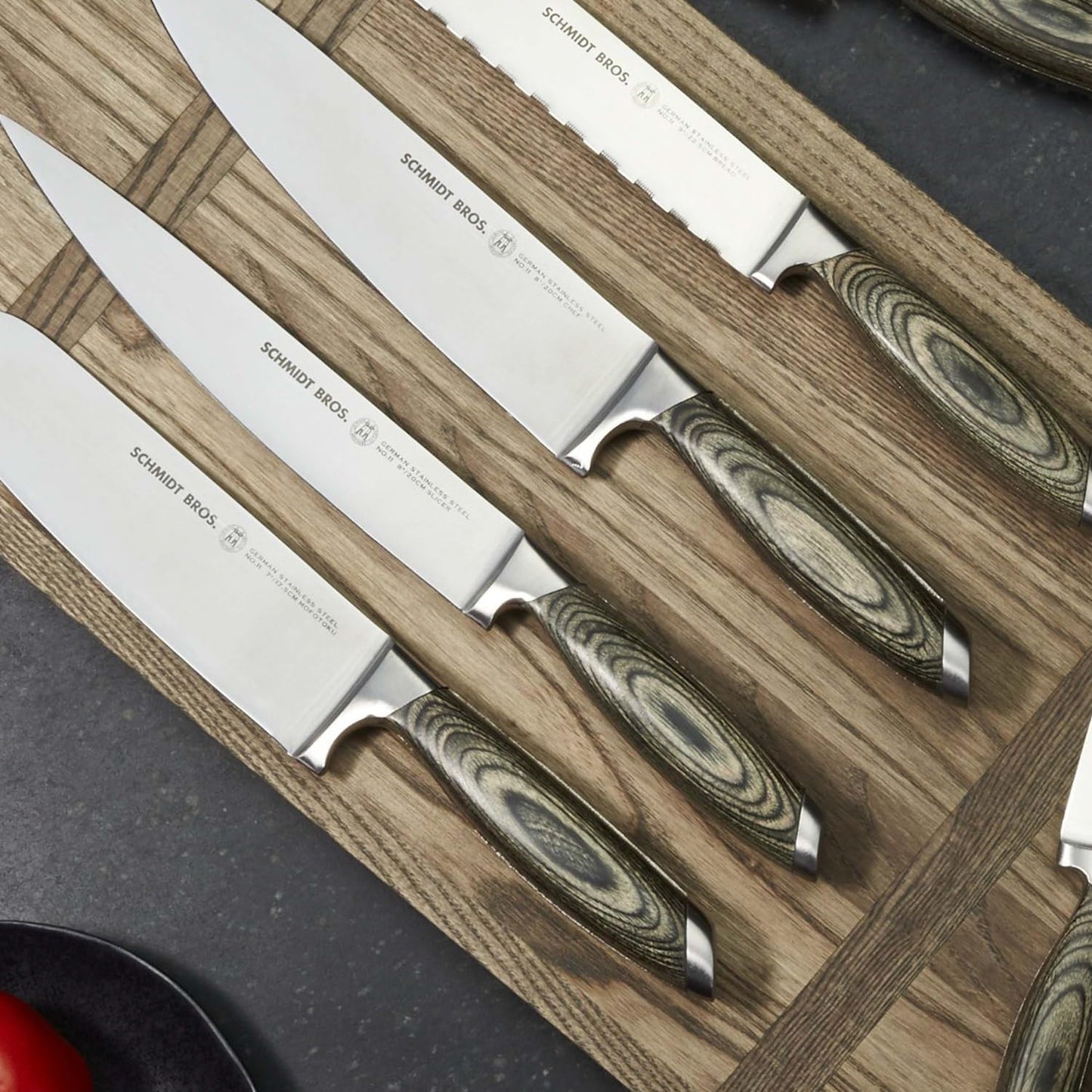 Schmidt Brothers -Bonded Ash- 15-Piece Knife Set, High-Carbon Stainless Steel Cutlery with Downtown Acacia and Acrylic Magnetic Knife Block and Knife Sharpener