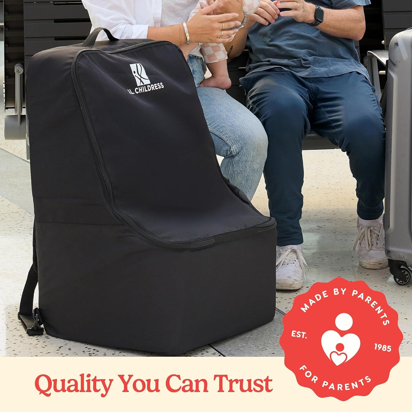 J.L. Childress Padded Backpack Car Seat Bag - Car Seat Travel Bag for Airplane, Fits Most Baby & Infant Carriers & Bootsters, Accessories for Gate or Baggage Check, AirTag Compatible - Deluxe, Black