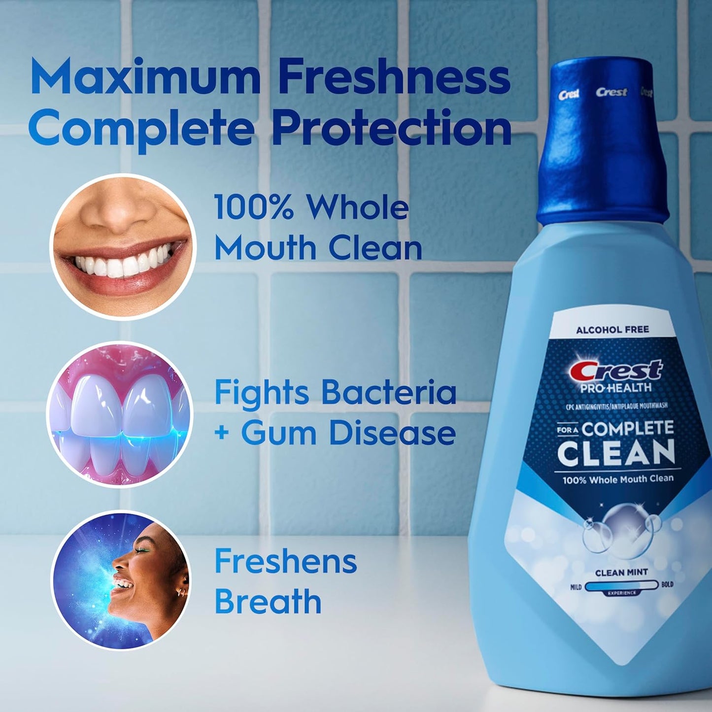 Crest Mouthwash Pro Health Complete Clean, CPC (cetylpyridinium chloride) Antigingivitis/Antiplaque, Alcohol Free, Clean Mint, 1 L (33.8 fl oz)